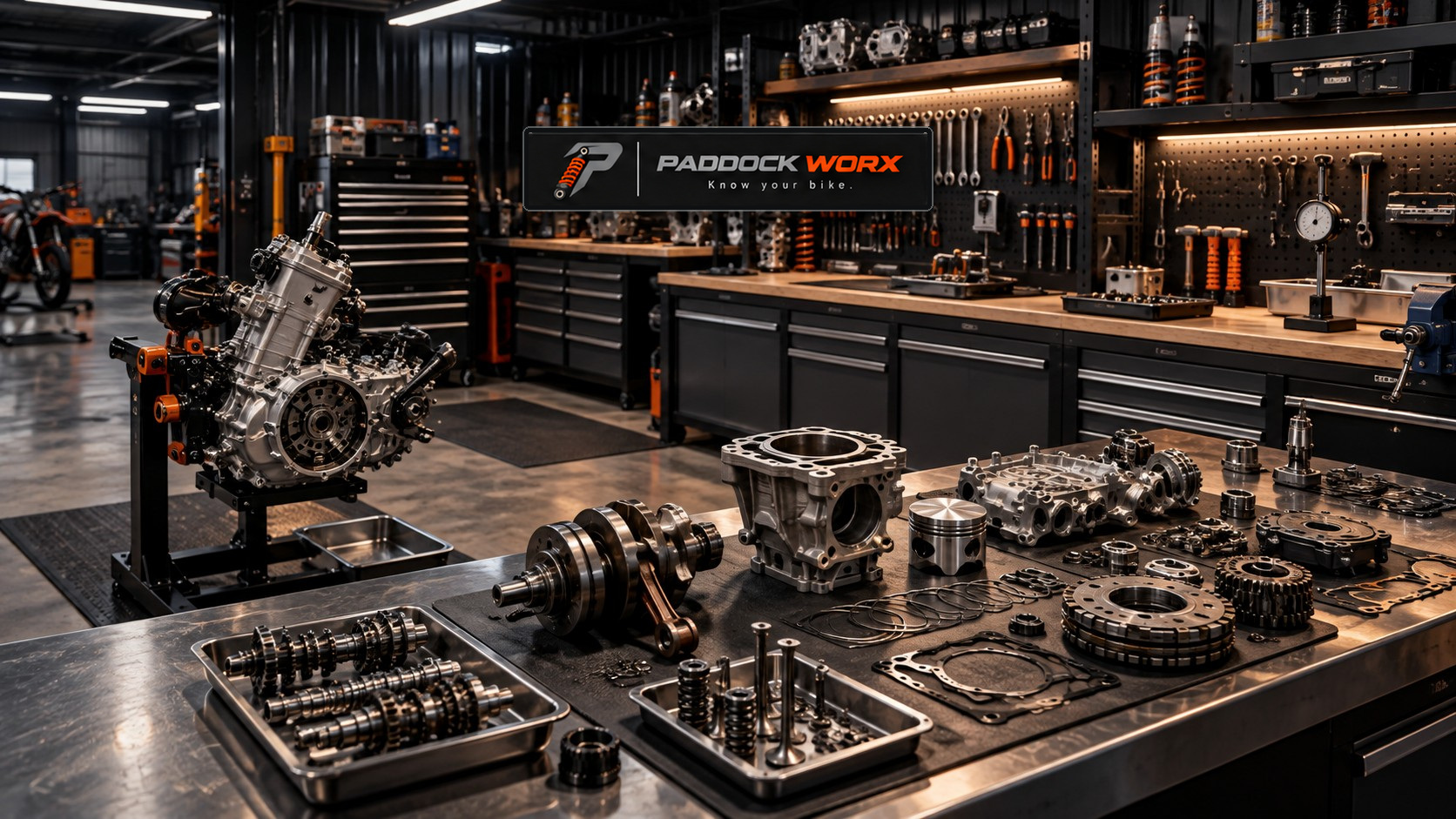 The app’s mechanical learning environment showing motorcycle engine components on a workshop bench