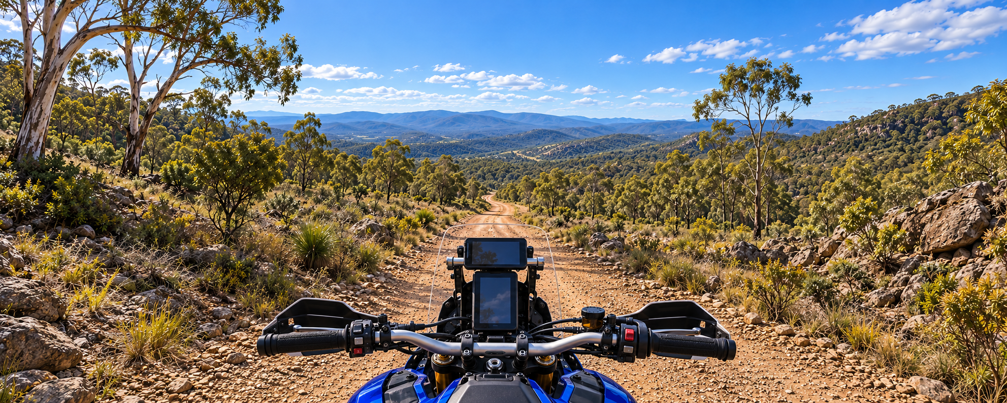 Paddock Worx Ride Explorer environment with an adventure motorcycle cockpit facing a riding landscape